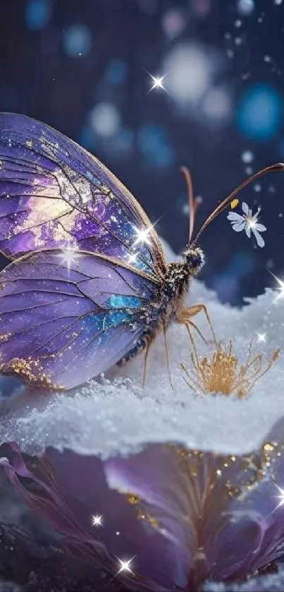 Magical butterfly on a frosty flower under a starry sky.