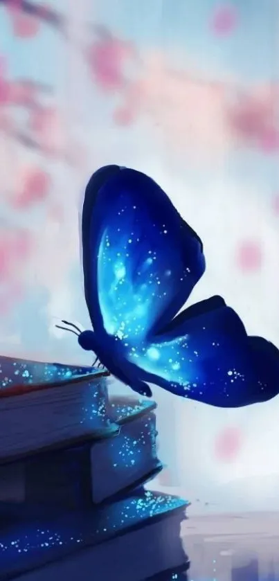 Blue butterfly on books with pastel background wallpaper.