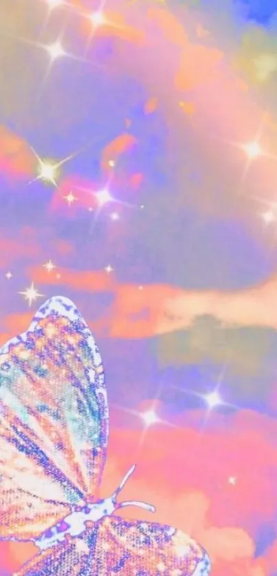 Butterfly in a starry pastel sky with magical hues.