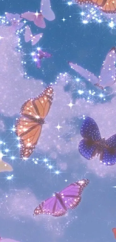 Fluttering butterflies in a starry sky wallpaper.