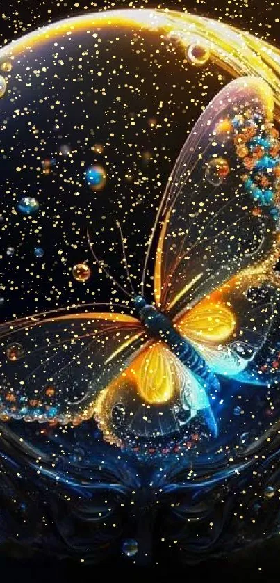 Magical butterfly inside a glowing sphere, digital art wallpaper.