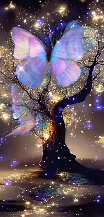 Magical tree with glowing butterflies on a purple background.