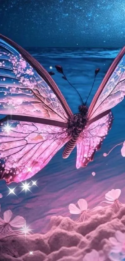 Magical butterfly under a cosmic moonlit sky with floral accents.