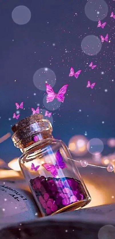 Vibrant pink butterflies emerging from a jar with a dark, dreamy background.