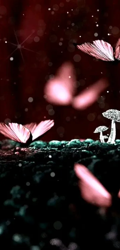 Pink butterflies fluttering over glowing mushrooms.