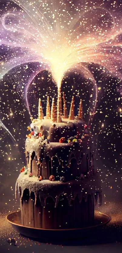 Magical cake with colorful sparkles on a dark background.