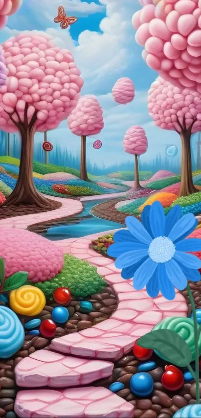 Candyland fantasy wallpaper with pink trees and colorful path.