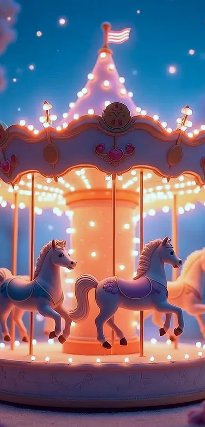 Magical carousel with glowing horses in dreamy lights.