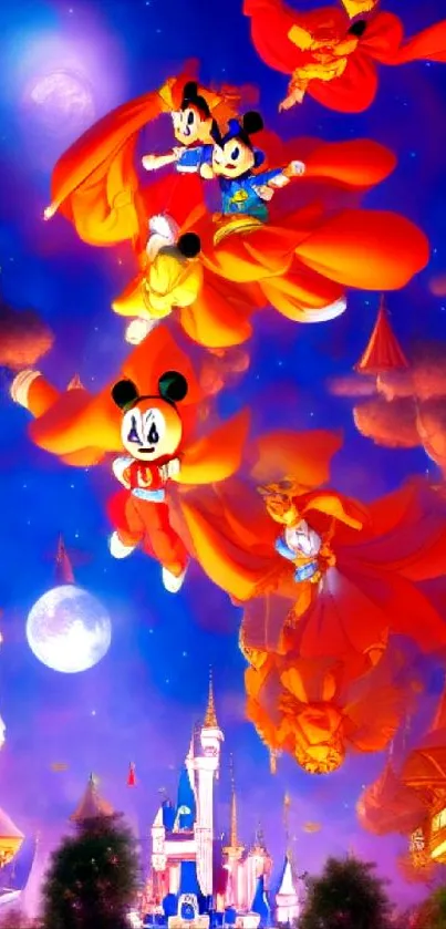 Cartoon characters fly over a magical castle at night in this vibrant mobile wallpaper.