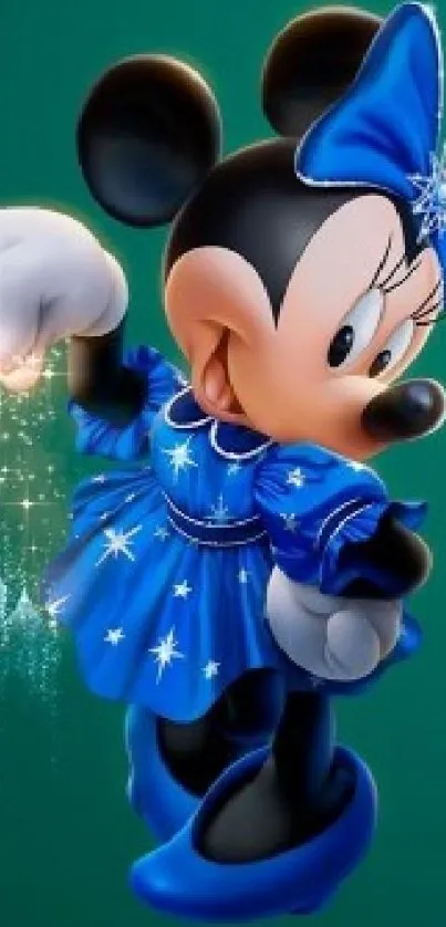 Cartoon character in blue dress with magical sparkles, set on green background.