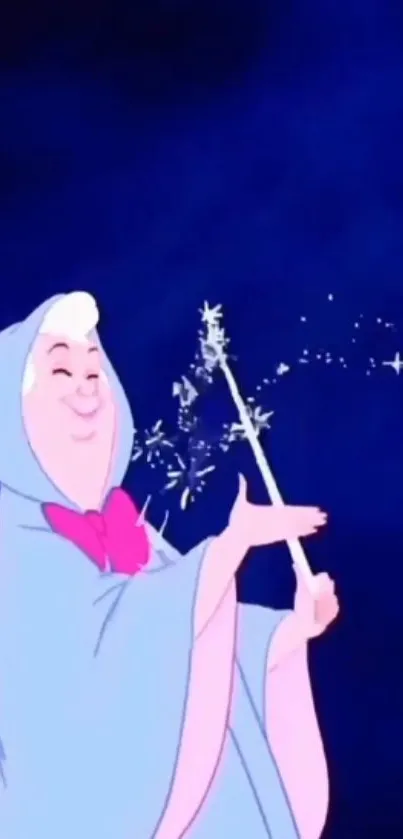 Fairy casts magic with a wand on a blue background.