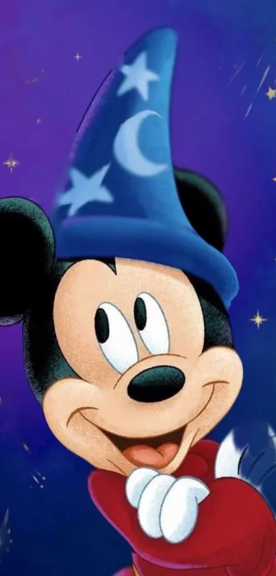 Magical cartoon mouse in a wizard hat for mobile wallpaper.