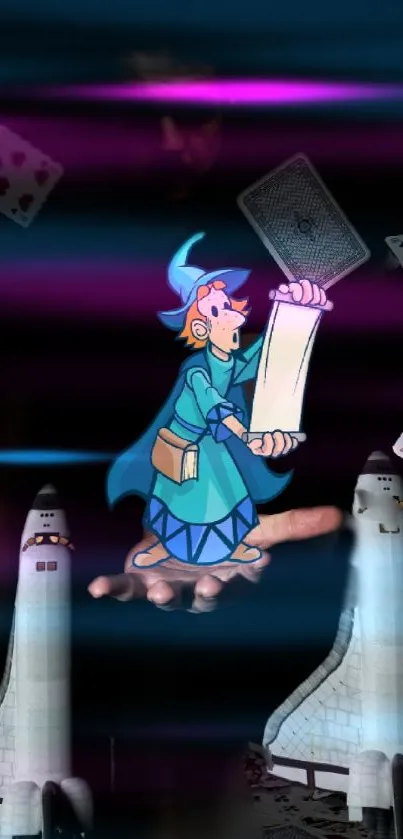 Cartoon wizard with scroll, space shuttles, and cards.