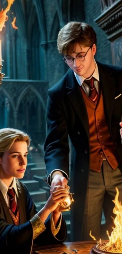 Two wizards casting fire magic in a dark cathedral scene.