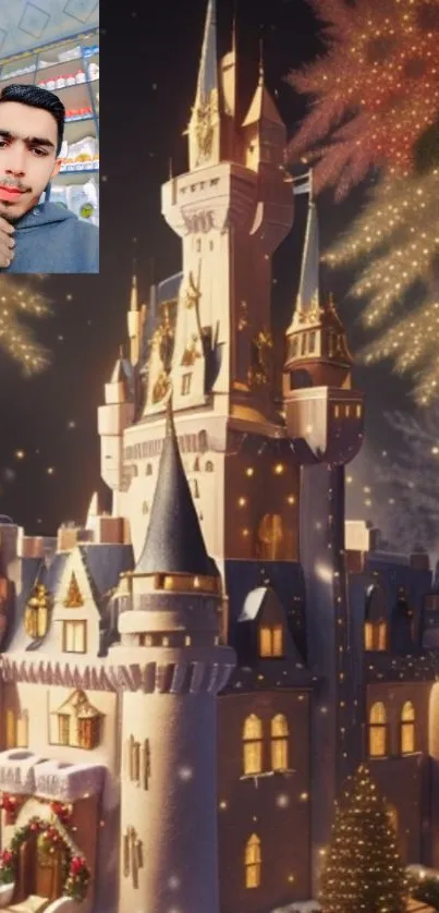 A magical snow-covered castle illuminated by glowing lights at night.