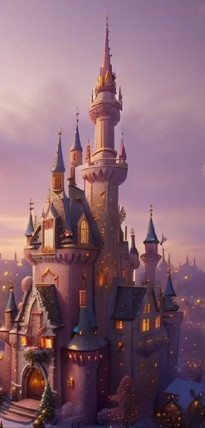 A magical castle illuminated by a sunset glow with a dreamy background.