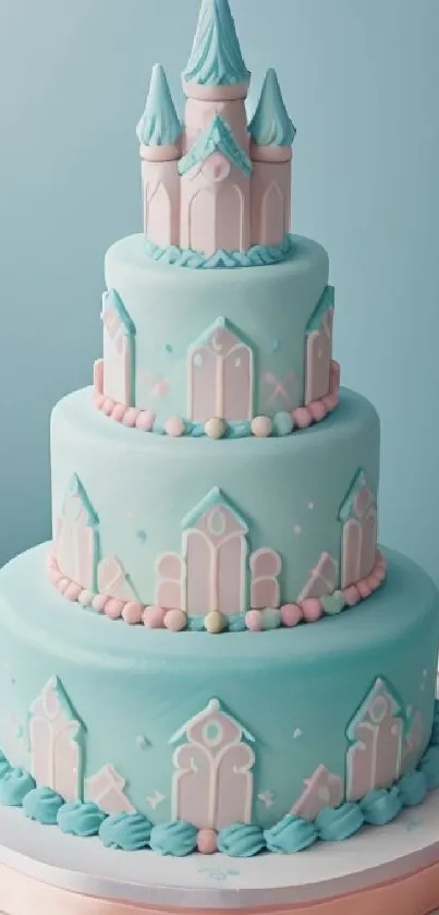 Pastel blue castle cake with intricate details for a magical phone wallpaper.