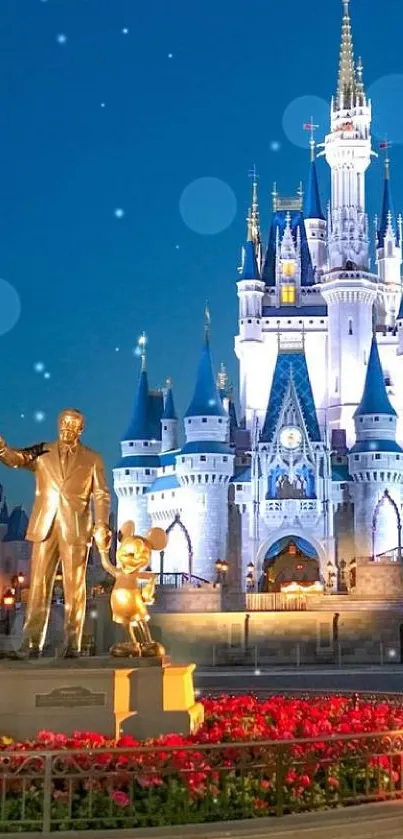 Magical castle glowing in the evening with a statue and garden in foreground.