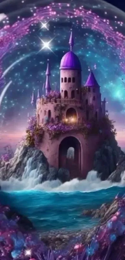 Magical purple castle with stars and ocean in a fantasy setting.