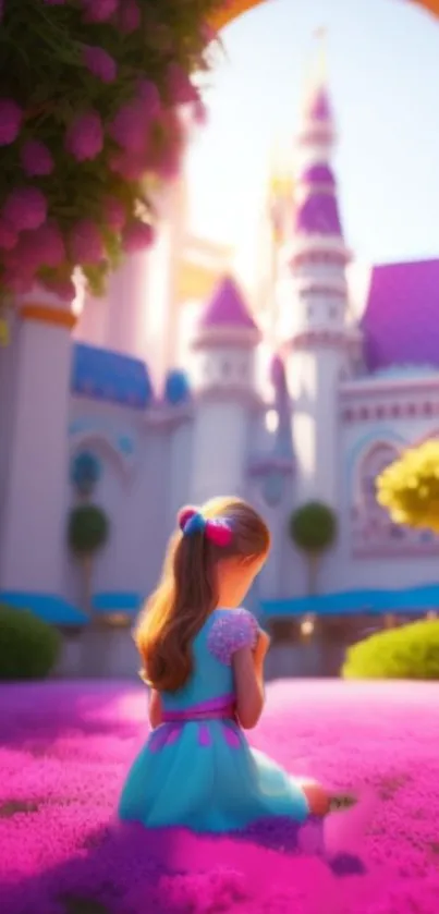 Young girl in front of a whimsical castle with vibrant purple and blue colors.