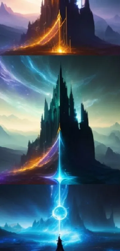 Fantasy castle with colorful gradient, mystical landscape, and vibrant digital art.