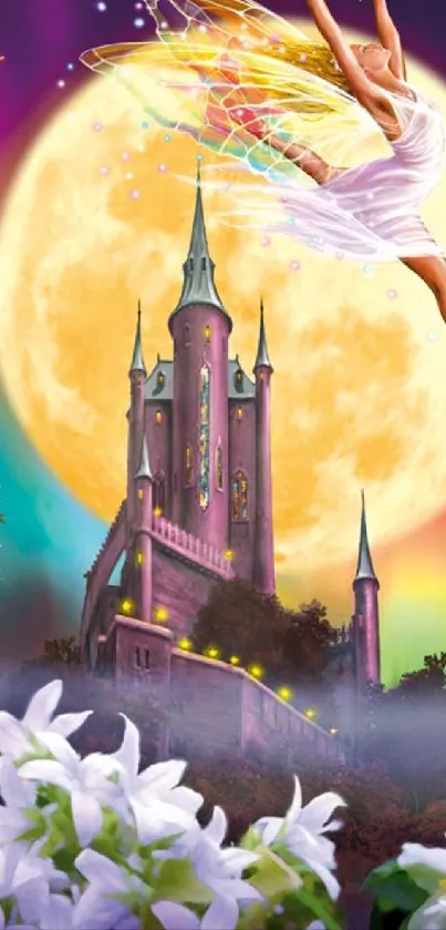 Fantasy castle with moon and fairies in vibrant colors.