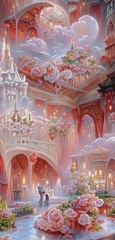 Fantasy castle with clouds and pink flowers in a magical scene.