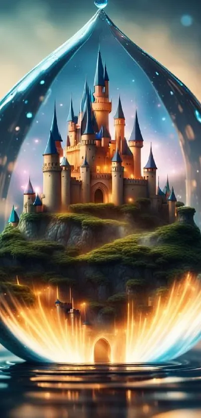 Enchanted castle inside a glowing droplet on a dark background.