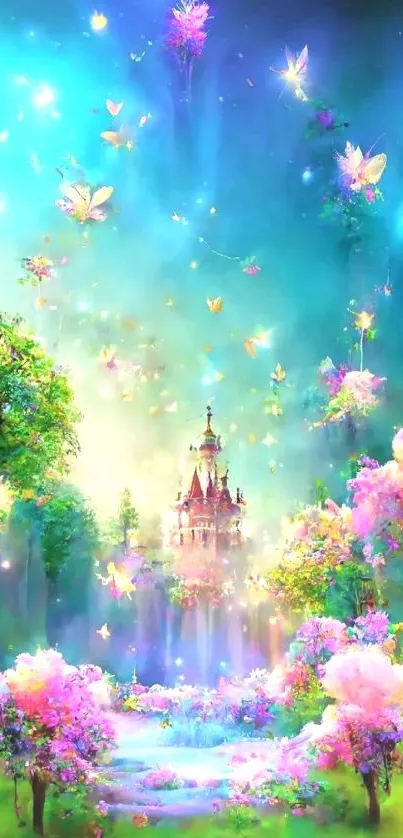 Magical fantasy castle surrounded by flowers and butterflies.