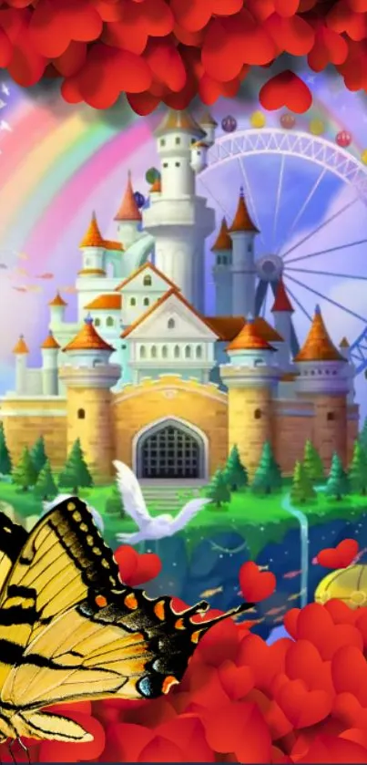 Magical castle with rainbow and butterfly fantasy wallpaper.