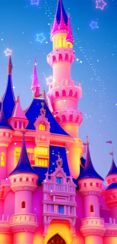 Fairy tale castle with pink and blue hues, surrounded by stars.