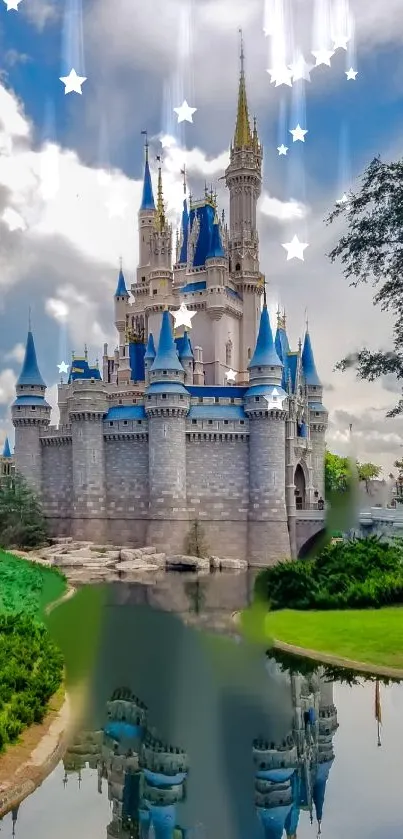 Enchanted castle with spires and star-filled sky reflected in water.