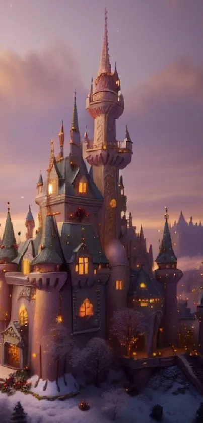 Enchanting fantasy castle under a magical twilight sky, glowing warmly in the evening light.