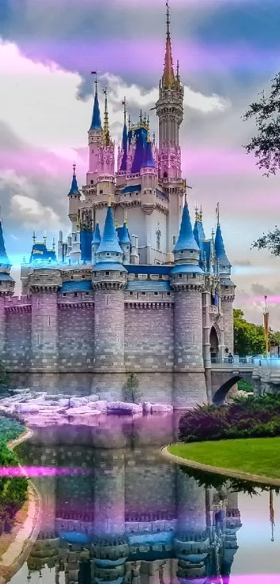 Magical castle with blue and pink hues in a fantasy setting.