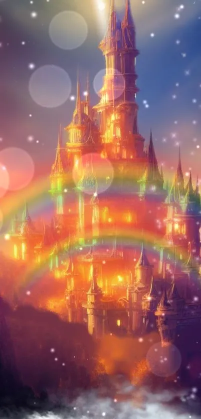 Enchanted castle with rainbows and magical sky, perfect for a whimsical mobile wallpaper.