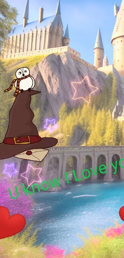 Magical castle wallpaper with owl and heartfelt message.