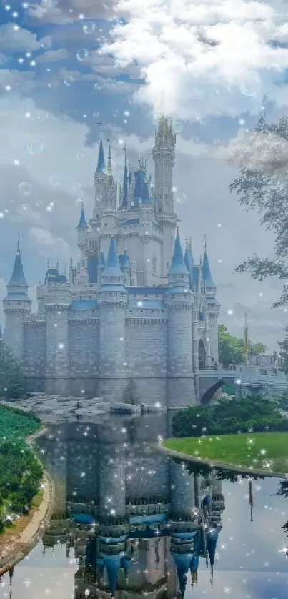 Magical castle with sparkling effects and reflective moat.