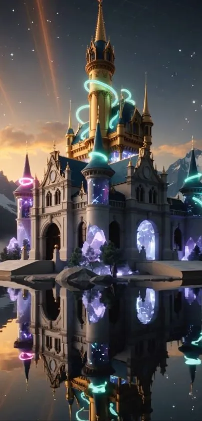 Magical castle with neon lights reflecting in a serene lake.