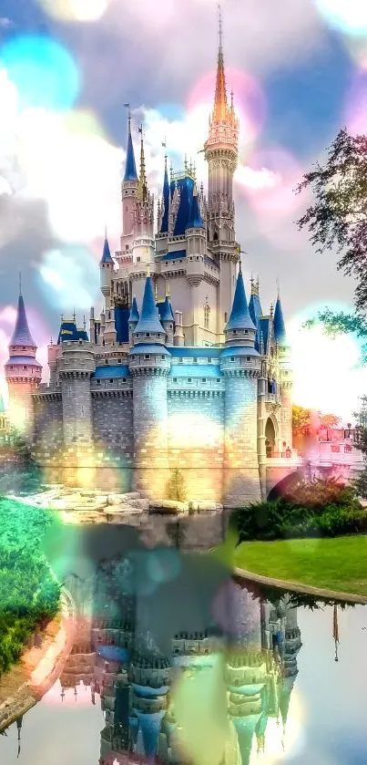 Magical castle surrounded by vibrant colors and dreamy reflections.