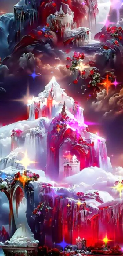 Fantasy wallpaper featuring a celestial castle with enchanting red hues.