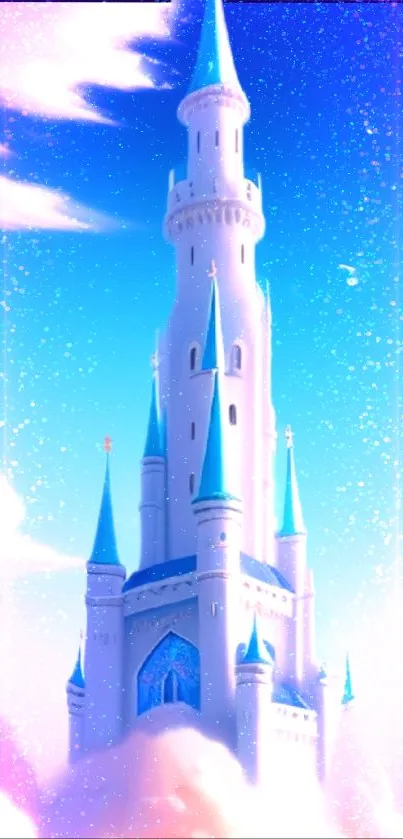 A magical castle towers against a blue sky with whimsical clouds.