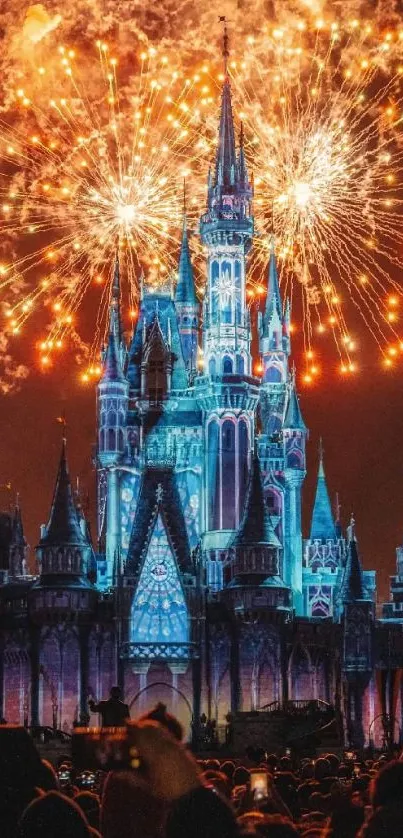 Dark castle illuminated by vibrant fireworks at night scene.