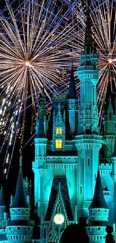 Magical castle with fireworks in the night sky.