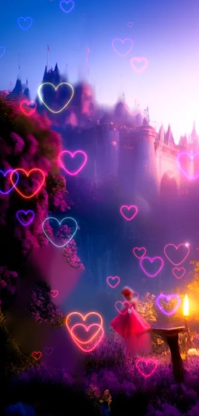 Magical castle with glowing heart lights in a dreamy purple landscape.