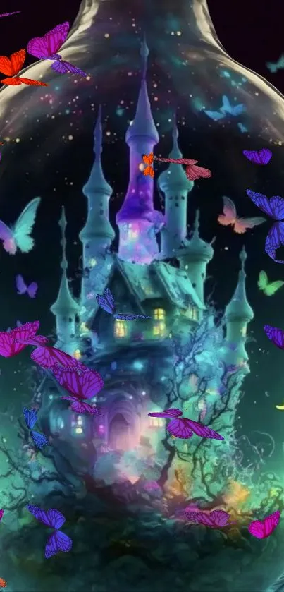 Enchanting castle in a bottle with colorful butterflies fluttering around.