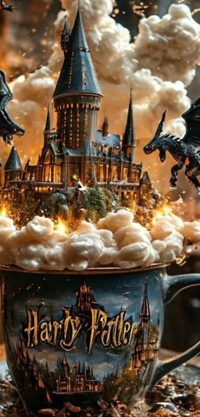 Magical castle and dragons emerging from a mug.