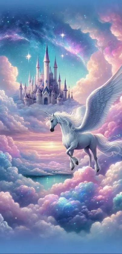 Unicorn soaring through a dreamy cloudscape with a fantasy castle in the background.