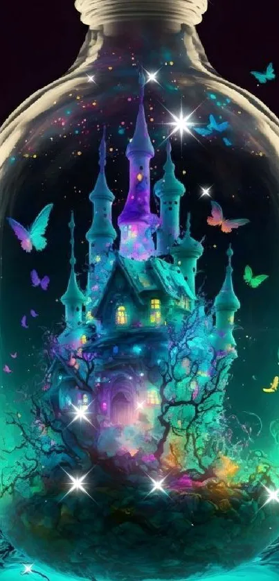 Enchanting castle in glass bottle with vibrant colors and butterflies.