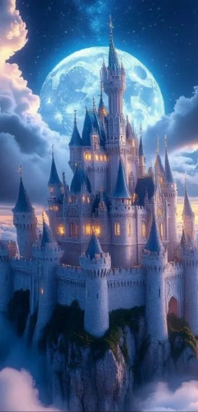 Magical castle atop clouds under a bright full moon.