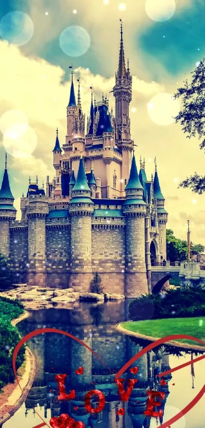 Magical castle wallpaper with love theme and bokeh effect.